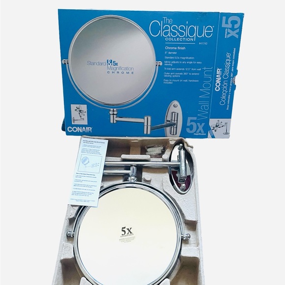 Conair 8" Chrome Wall Mirror 5X Mag Swivel Arm Make Up Open Box - Picture 7 of 13